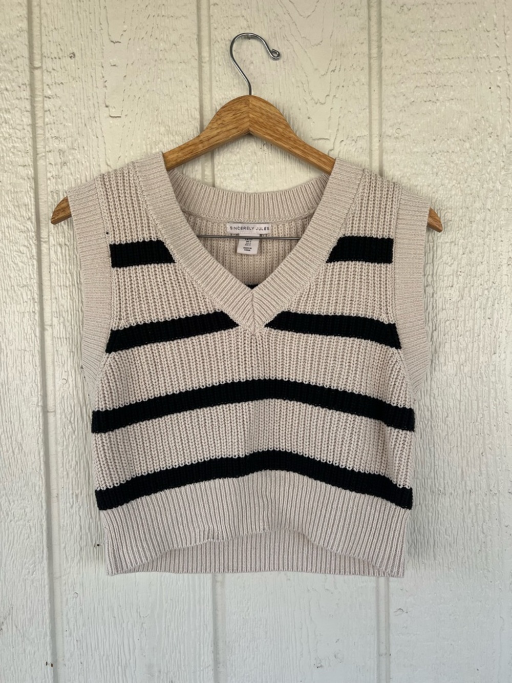 Sincerly Jules Cream and Black Striped V-Neck Knit Sweater Vest - Picture 4 of 4